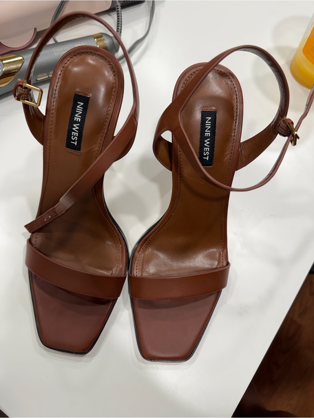 Nine West Brown Leather Square-Toe Ankle-Strap Heels